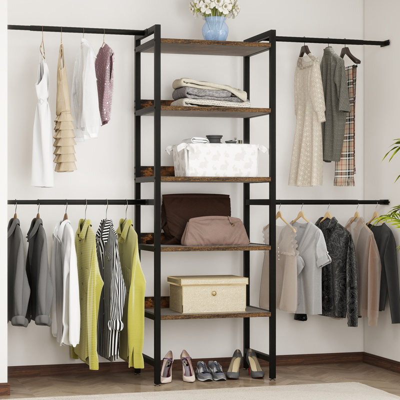 17 Stories Adjustable Heavy Duty Garment Rack Walk In Closet Organizer System With 4 Expandable Hanger Rods And 5 Tier Wood Closet Storage Shelves With Back Plane Reviews Wayfair